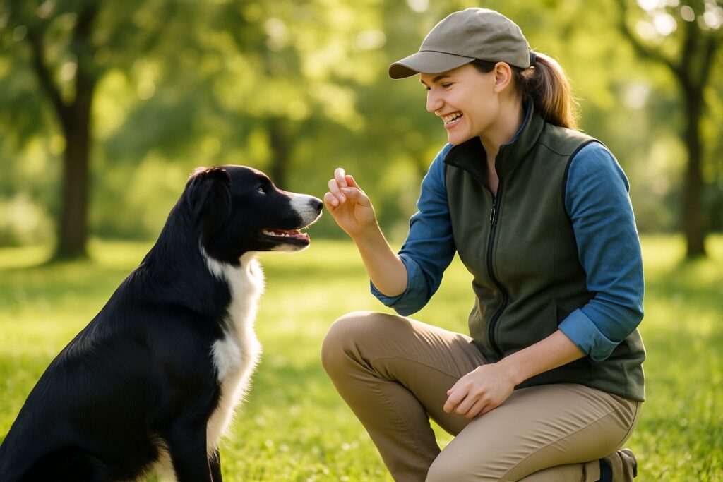 En hund sidder opmærksomt ved siden af en træner i en grøn park, hvor træneren holder en godbid og opmuntrer hunden.