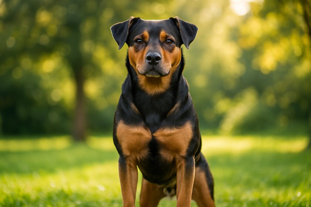 En selvsikker hund står stolt udendørs med rank holdning og ser roligt mod kameraet.