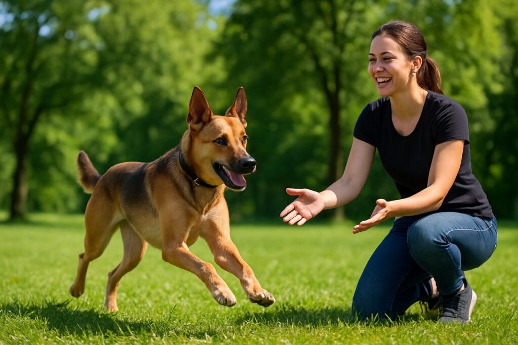 En hund løber mod en træner i en grøn park under indkaldstræning.
