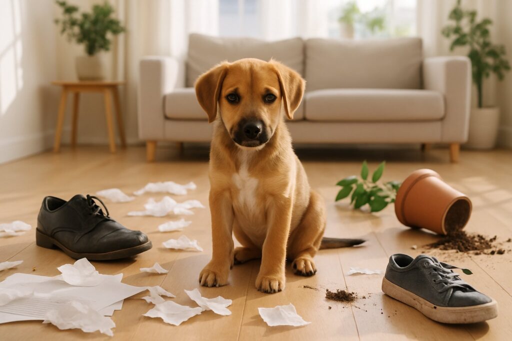 En ung hvalp sidder midt i et rod med tygget sko og væltede potteplanter i et lyst og hyggeligt hjem.