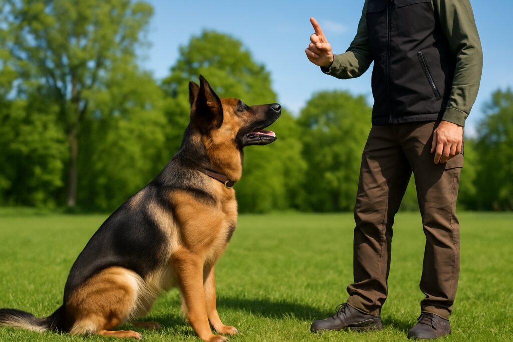 En veltrænet hund sidder opmærksomt foran sin træner på en græsmark under en solrig dag.